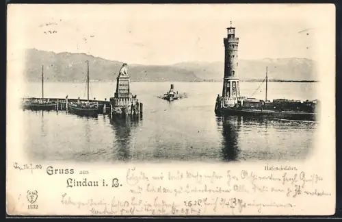AK Lindau i. B., Hafeneinfahrt mit Leuchtturm