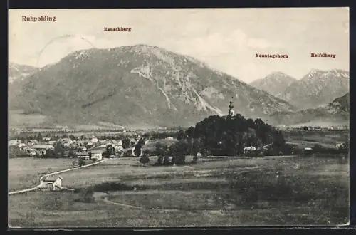 AK Ruhpolding, Blick auf den Ort, Kirche, Rauschberg, Reifelberg