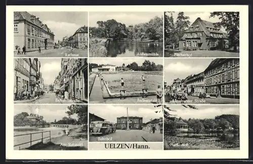 AK Uelzen /Hann., Rathaus, Bahnhof, Lüneburgerstrasse, Badeanstalt