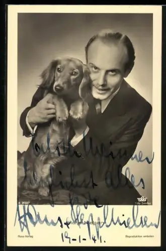 AK Schauspieler Hans Nielsen mit Hund, Autograph