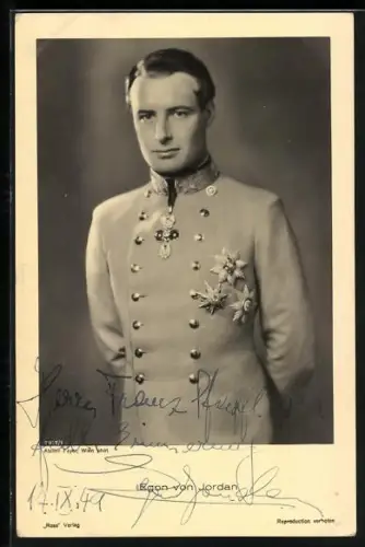 AK Egon von Jordan in Uniform mit Orden, Autograph, 1949