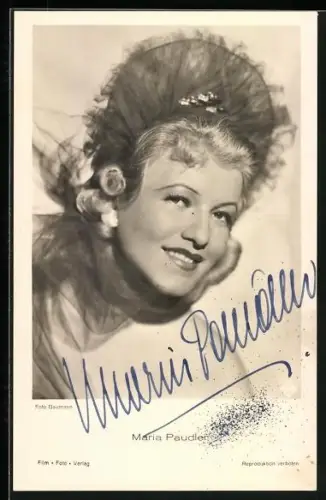 AK Maria Paudler mit blumengeschmücktem Hut, Autograph