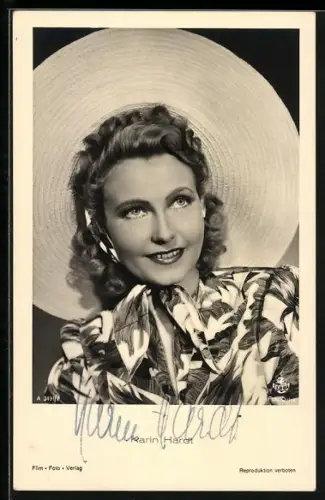 AK Karin Hardt mit grossem Strohhut, Autograph