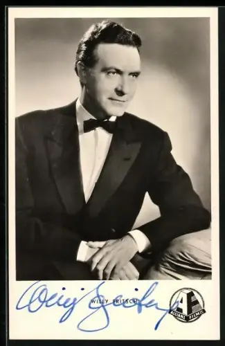 AK Willy Fritsch mit Fliege, Autograph, Wohlfahrtskarte für Verband der Filmschaffenden