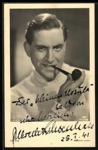 AK Albrecht Schoenhals mit Tabakspfeife, Autograph, 1941