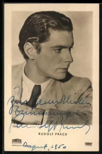 AK Rudolf Prack mit ernster Miene, Autograph, 1950