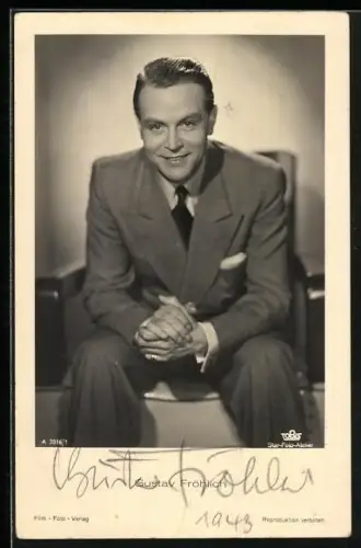 AK Gustav Fröhlich mit gefalteten Händen, Autograph, 1943, Schreiben des Schauspielers