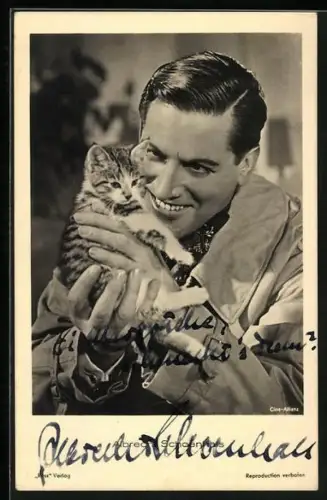 AK Albrecht Schoenhals mit einer Katze, Autograph