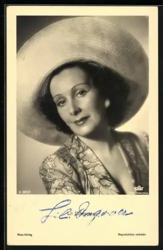 AK Lili Dagover mit breitkrempigem Strohhut, Autograph