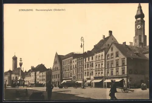 AK Straubing, Theresienplatz mit Denkmal und Turm, Südseite