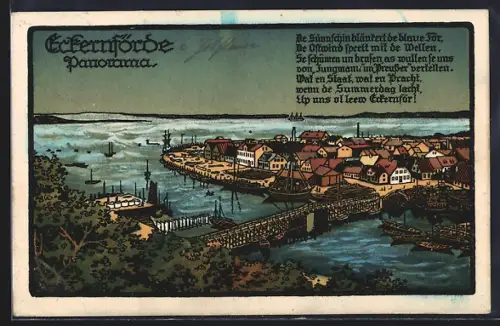 Steindruck-AK Eckernförde, Panorama mit Ort, Hafen u. Brücke aus der Vogelschau