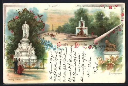 Lithographie Berlin-Tiergarten, Siegesallee mit Wrangelbrunnen, Löwengruppe & Goethe-Denkmal