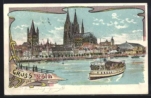 Lithographie Köln, Stadtansicht mit Bahnhof u. Dom vom Rhein aus, Dampfer