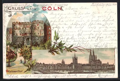 Lithographie Cöln, Hahnentor und Panorama