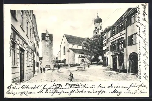 AK Isny, Kirchplatz mit Kirche und Torturm