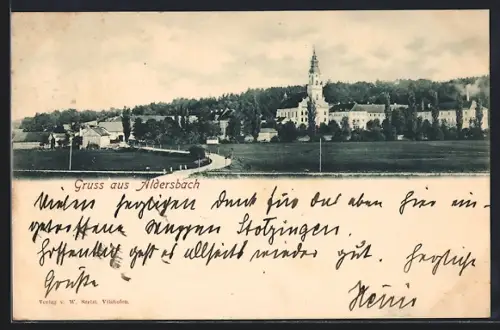 AK Aldersbach, Ortspanorama mit Eingangstrasse u. Kirche