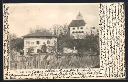 AK Grafing, Schloss Elkofen mit Nachbargebäude und einem Garten