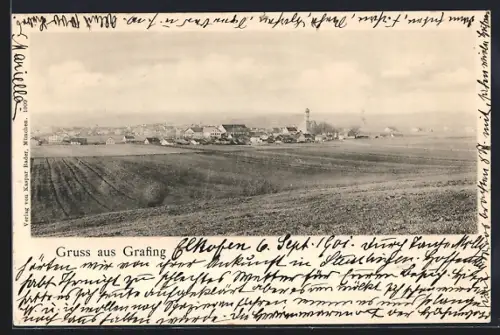 AK Grafing, Ortspanorama mit Feldern