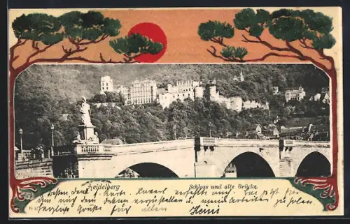 Lithographie Heidelberg, Schloss und alte Brücke, Rote Sonne und Kiefern