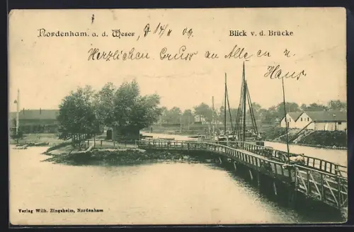 AK Nordenham a. d. Weser, Ortspanorama u. Strasse von der Brücke aus, mit Booten