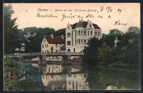 AK Emden, Niedertor-Brücke und Turmvilla vom Wasser aus