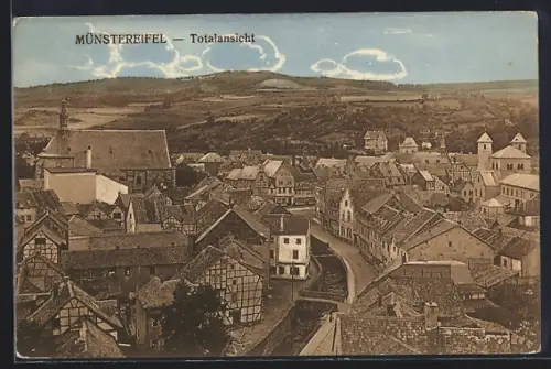 AK Münstereifel, Totalansicht mit Strasse und Fernblick aus der Vogelschau