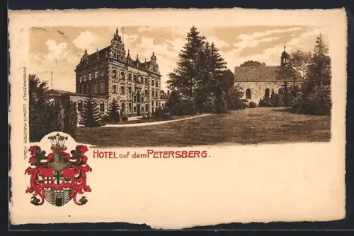 Künstler-AK Königswinter, Hotel auf dem Petersberg und Kirche, Wappen
