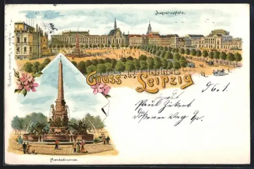 Lithographie Leipzig, Strassenbahn auf dem Augustusplatz, Mendebrunnen