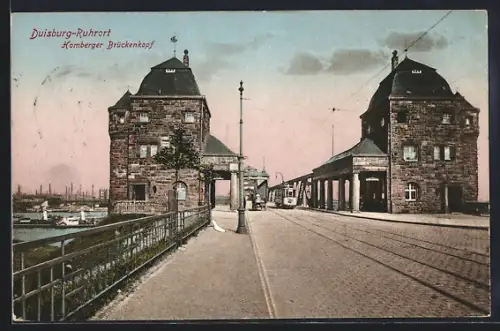 AK Duisburg-Ruhrort, Homburger Brückenkopf mit Strassenbahn und Wasserblick