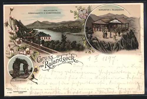 Lithographie Rolandseck, Restauration z. Rolandsbogen, Nonnenwerth und Siebengebirge, Rolandsbogen