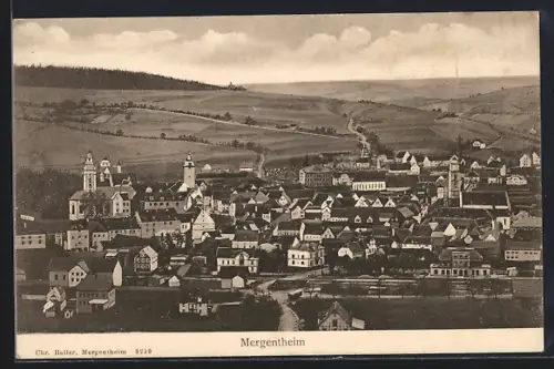 AK Mergentheim, Totalansicht mit Feldern und Fernblick aus der Vogelschau