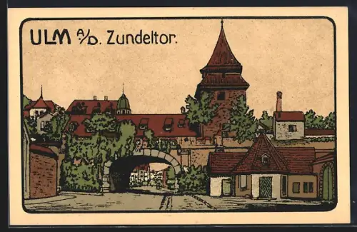 Steindruck-AK Ulm a. D., Zundeltor mit Durchblick und Turmgebäuden