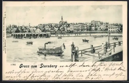 Künstler-AK Starnberg, Panorama mit Seesteg und Dampfer