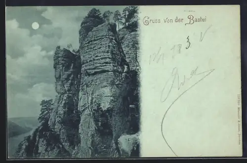 Mondschein-AK Bastei, Basteifelsen bei Nacht