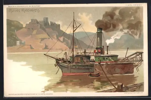 Künstler-AK P.Schmohl: St. Goar, Rheinpartie mit Dampfer und Ruine Rheinfels
