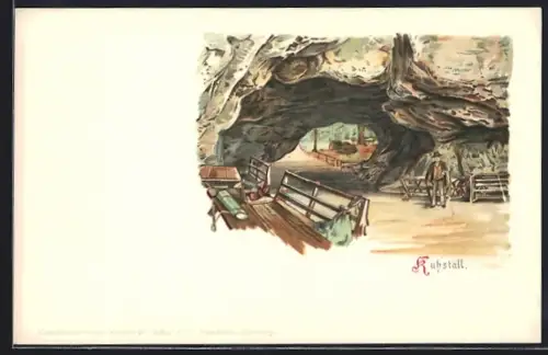 Lithographie Bad Schandau, Kuhstall, Felsen mit Wanderer