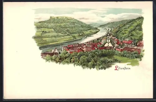 Lithographie Lilienstein, Ortsansicht aus der Vogelschau