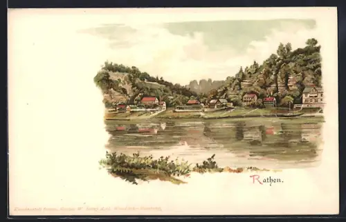 Lithographie Rathen, Uferpartie