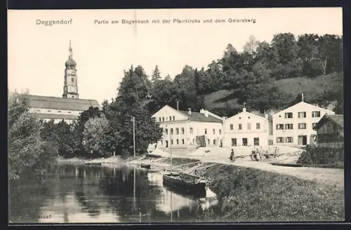 AK Deggendorf, Partie am Bogenbach mit der Pfarrkirche und dem Geiersberg