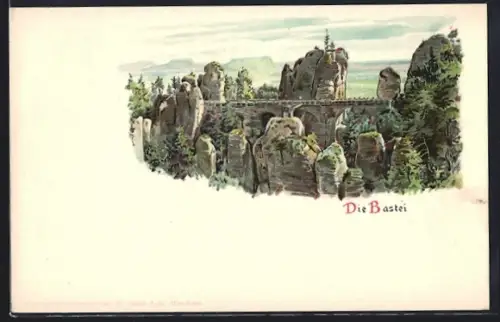 Lithographie Bastei, Brücke im Elbsandsteingebirge