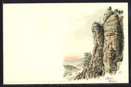 Lithographie Bastei, Partie am Bastei-Felsen