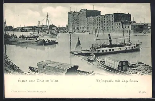 AK Mannheim, Hafenpartie mit Lagerhaus, Schiffe