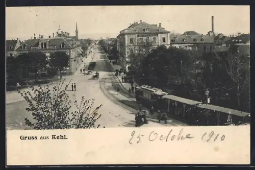 AK Kehl, Strassenansicht mit Kirche, Strassenbahn