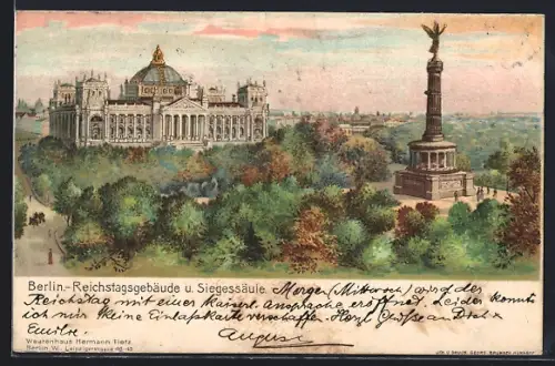 Lithographie Berlin-Tiergarten, Reichstagsgebäude mit Siegessäule