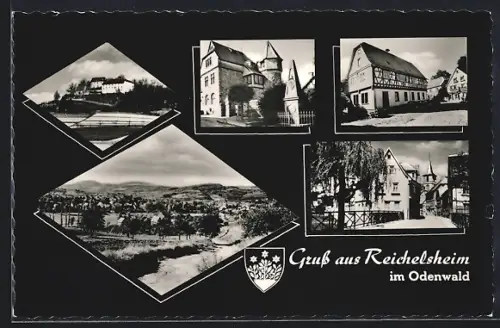 AK Reichelsheim /Odenwald, Brückenpartie, Turmgebäude u. Kriegerdenkmal, Strassenpartie, Wappen