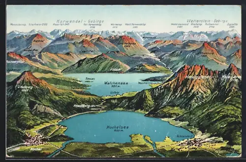 AK Kochel, Blick auf den Kochel- u. Walchensee, Karwendel- u. Wettersteingebirge, Vogelperspektive