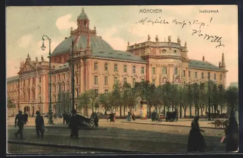 AK München, Am Justizpalast, mit Litfasssäule