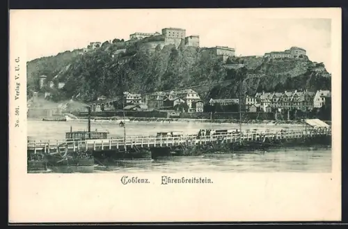 AK Coblenz, Brücke mit Burg Ehrenbreitstein vom Wasser aus