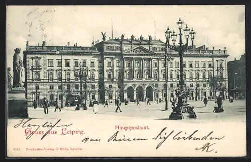 AK Leipzig, Hauptpostamt mit Statue