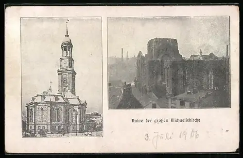AK Hamburg-Neustadt, Michaeliskirche vor und die Ruine nach dem Brand